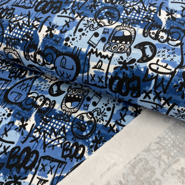 Teplákovina Graffiti blue digital print Nepočesaná teplákovina - pro šití