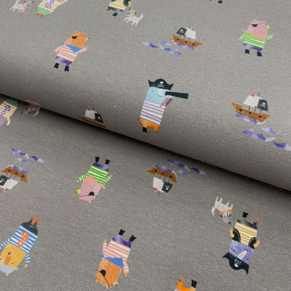 Úplet Pirates animals rock grey digital print Designový úplet - pro šití
