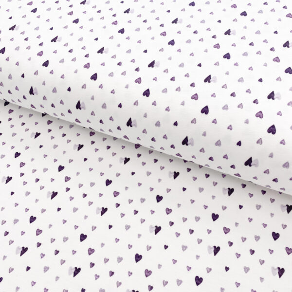 Úplet Snoozy fabrics Hearts violet digital print Designový úplet - pro šití