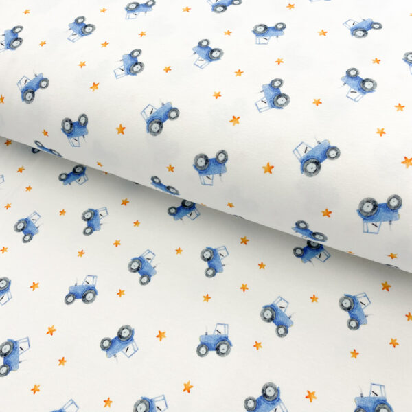 Úplet Snoozy fabrics Plain tractor white digital print Designový úplet - pro šití